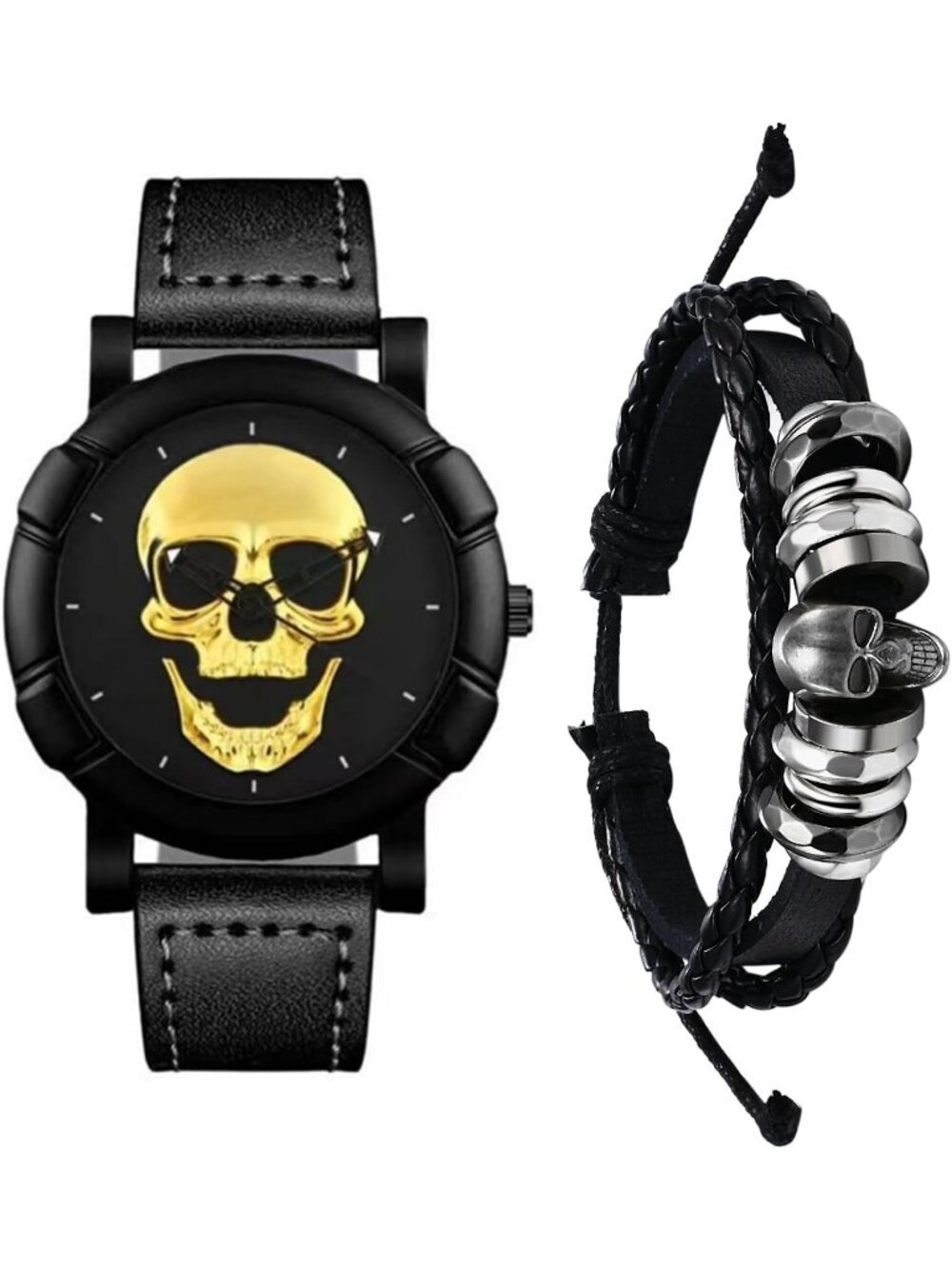 Unisex Skull-Gold Leather Bracelet 2Pcs Gothic Punk Rock Cuff Quartz Wrist Watch